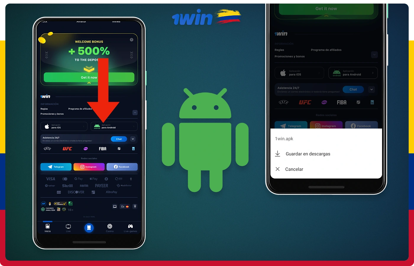 La aplicación móvil de 1win para Android puede ser descargada por los usuarios colombianos desde la web oficial