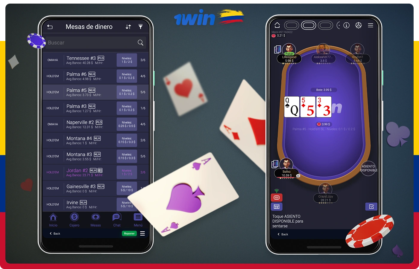 La aplicación móvil de 1win permite a los usuarios colombianos jugar al póquer