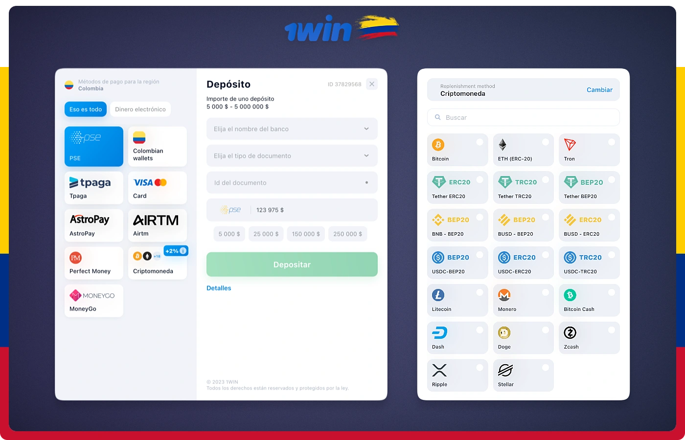 La plataforma 1win Colombia ofrece varias opciones de pago