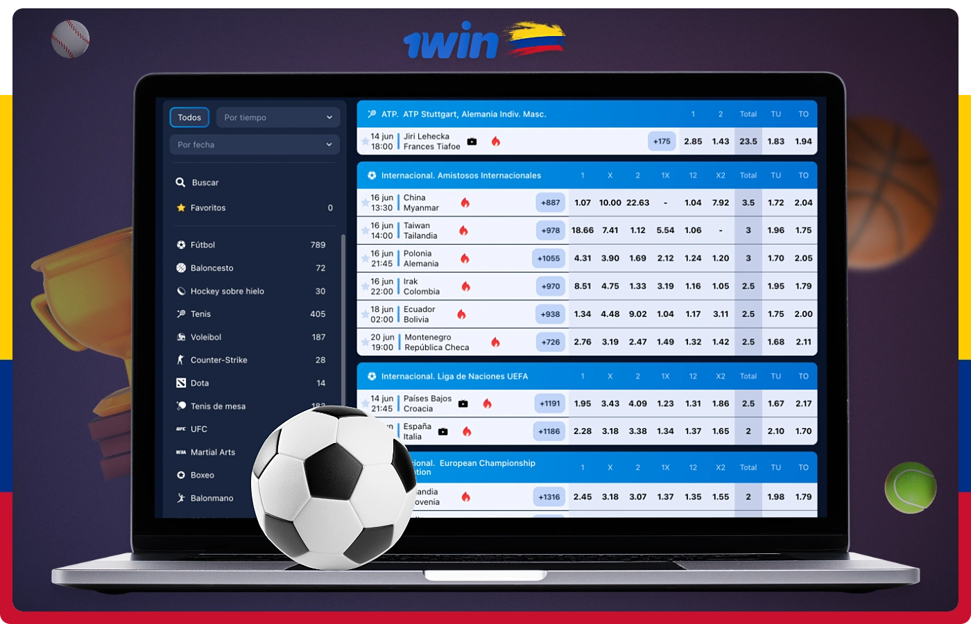 En 1win, los usuarios colombianos pueden apostar en decenas de deportes, incluidos los ciberdeportes