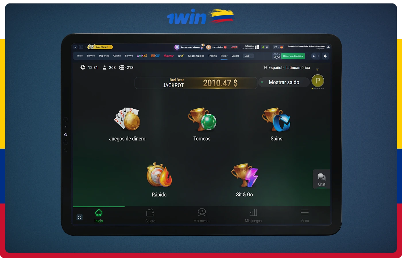 En la sala de póquer 1win, los jugadores de Colombia pueden disfrutar de mesas cash, torneos y partidas rápidas