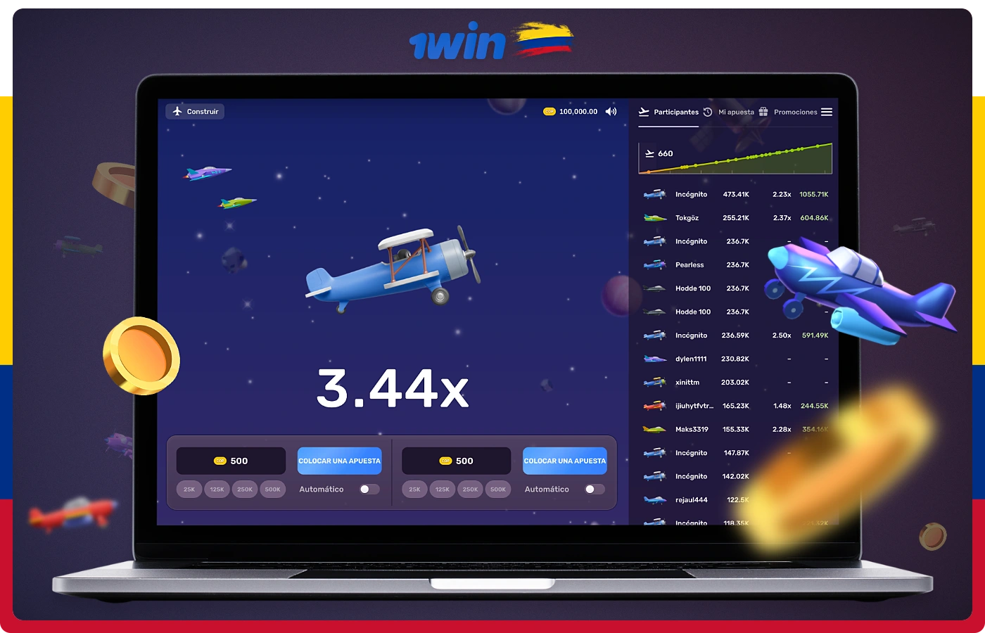 El popular juego Aviatrix está disponible para todos los usuarios registrados de 1win casino de Colombia
