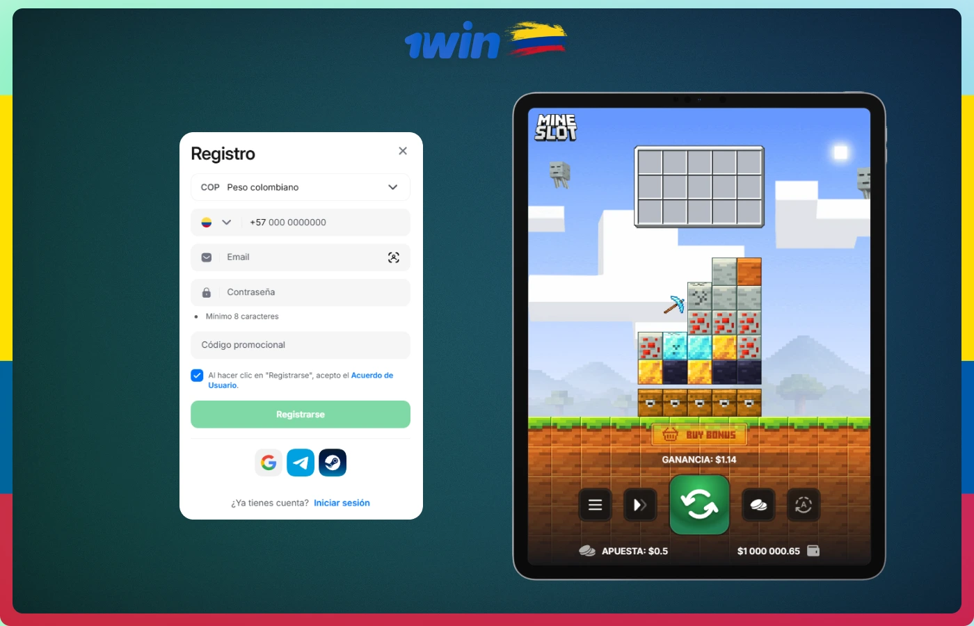 Para jugar Mine Slot en el sitio de 1win Colombia, primero crea una cuenta y realiza un depósito