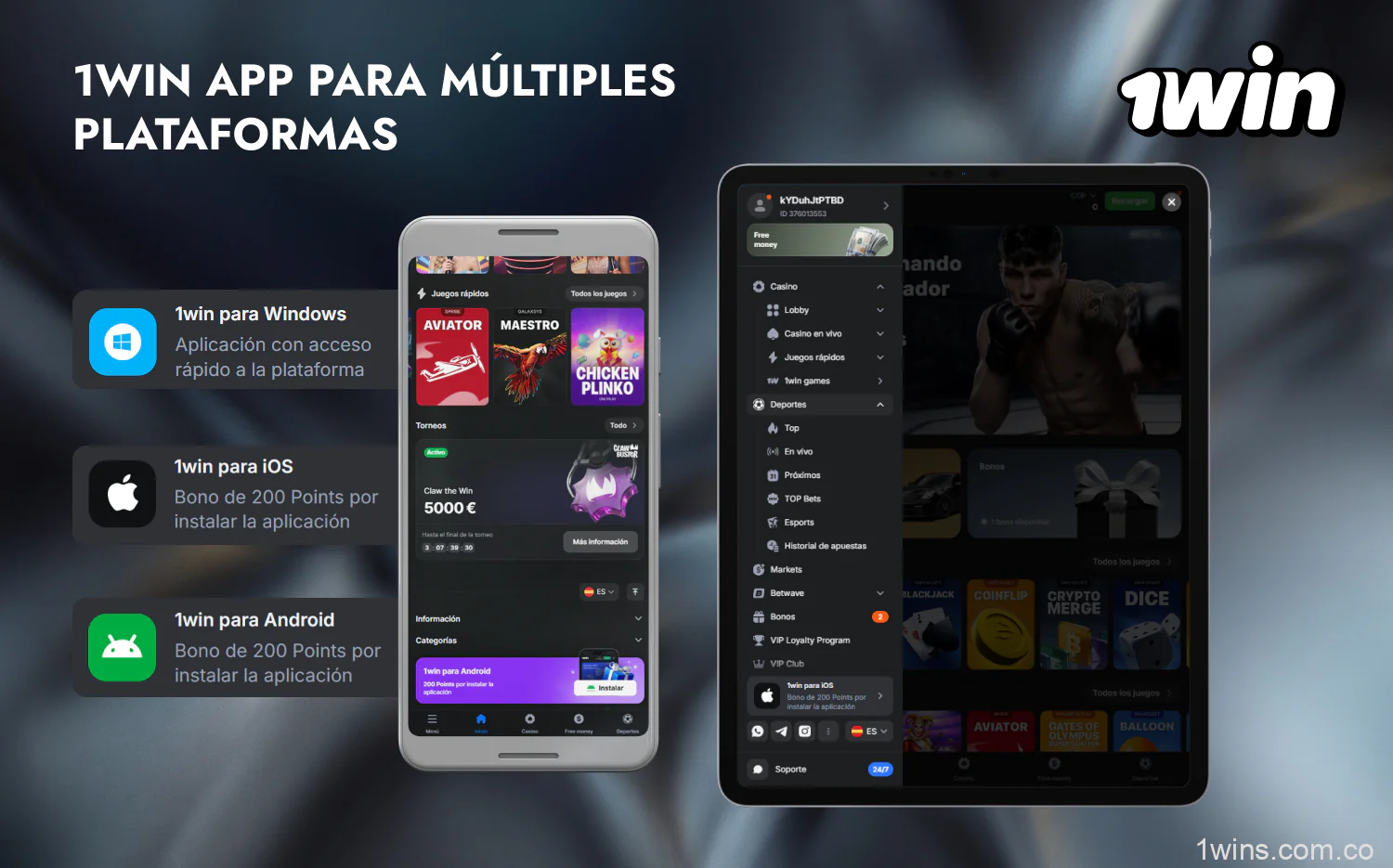 La aplicación 1win no sólo está disponible para móviles, sino también para PC