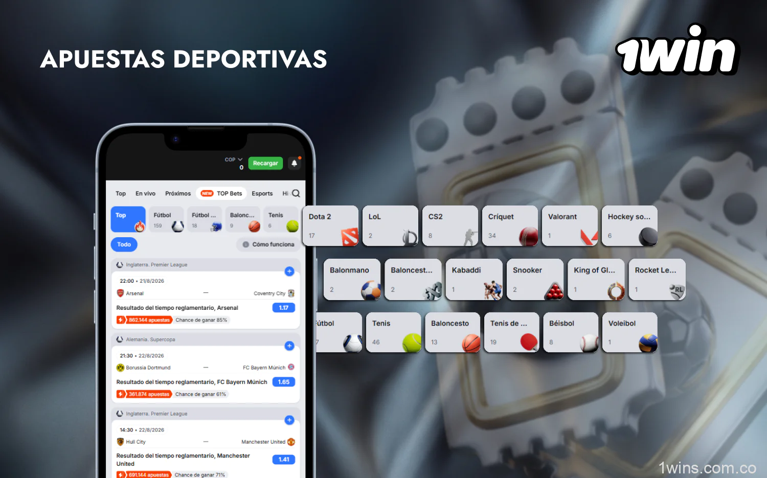 A través de la aplicación móvil 1win, los usuarios colombianos pueden apostar en decenas de deportes, así como en campeonatos populares