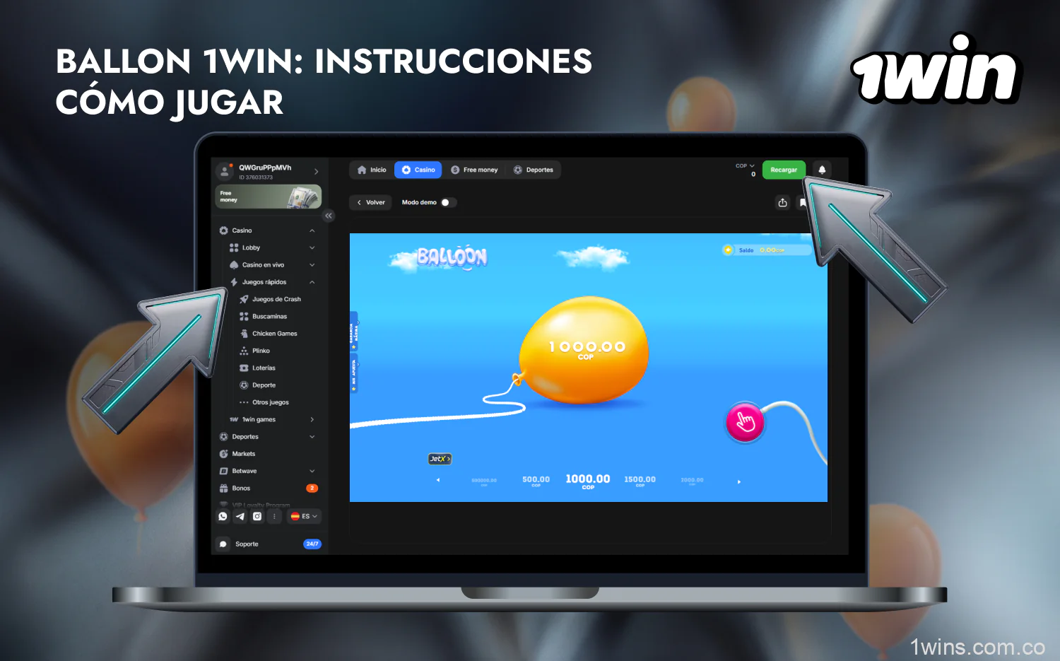 Para jugar a 1win Balloon con dinero real en Colombia, regístrate y añade fondos