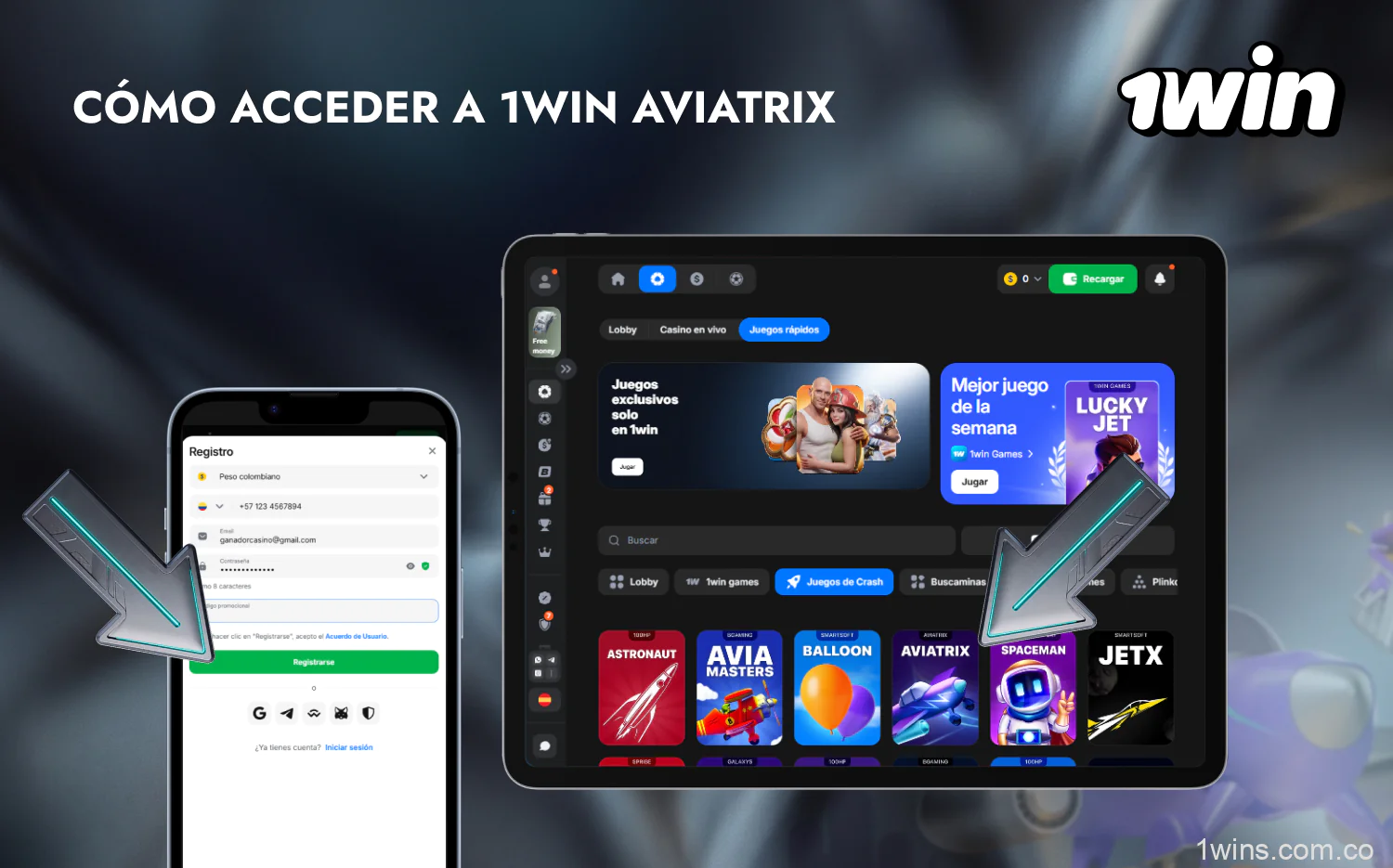 Para acceder al juego Aviatrix, los usuarios de Colombia deben registrarse en el casino en línea 1win