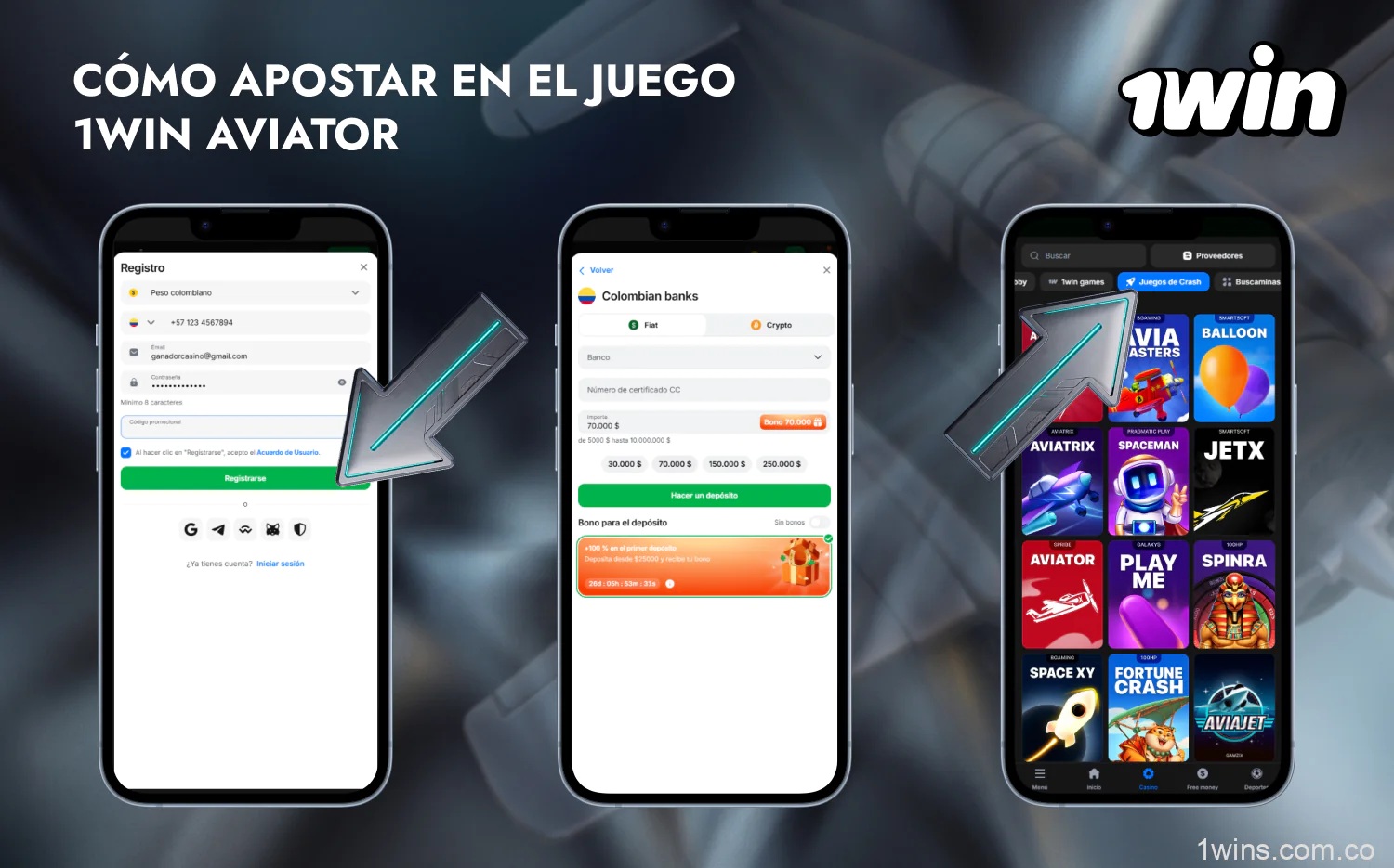 Para apostar al juego Aviador en 1win los usuarios de Colombia deben seguir unos sencillos pasos