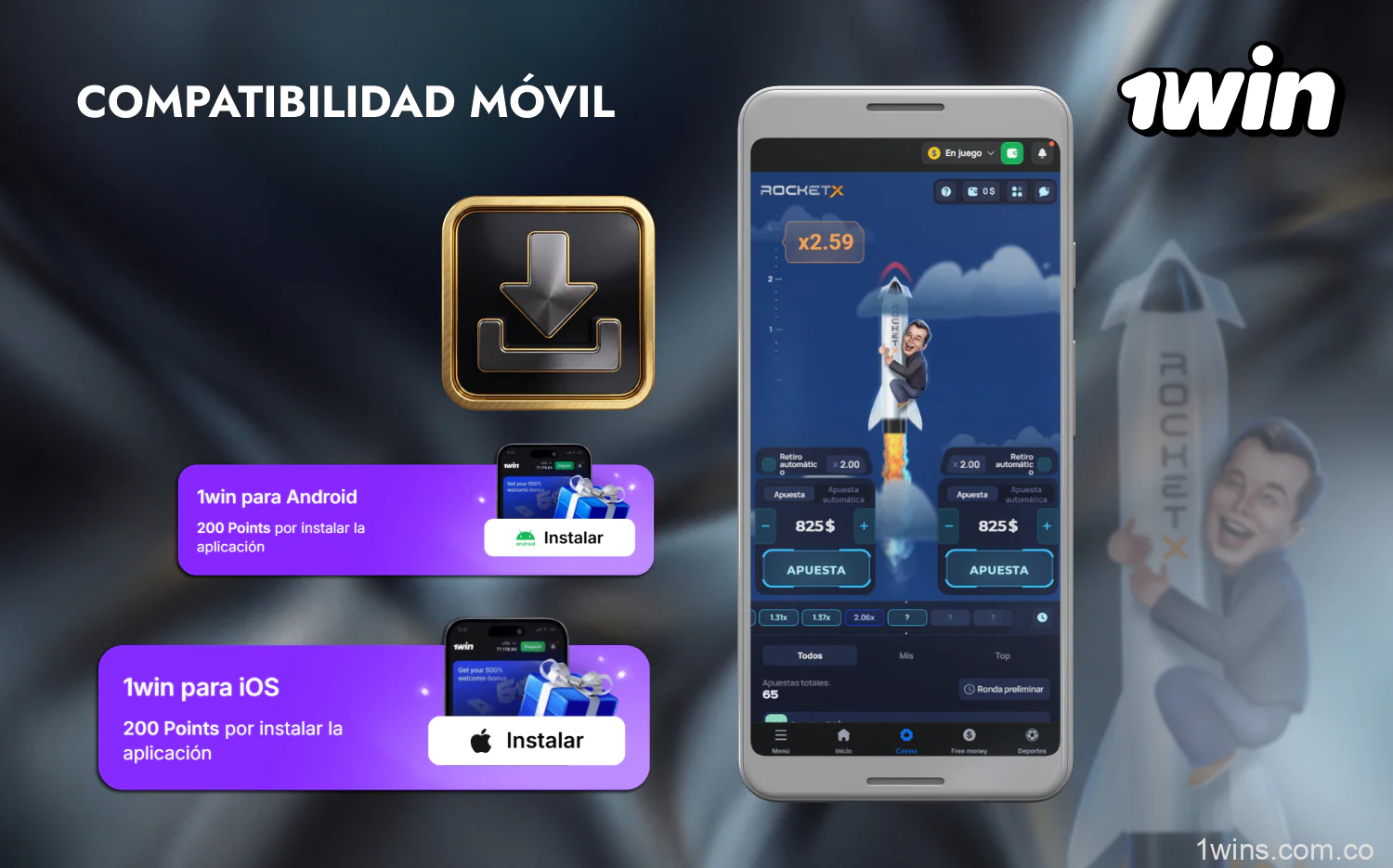 Gracias a una inteligente adaptación, los usuarios de smartphones y tabletas pueden disfrutar de 1win RocketX tanto en smartphones Android como iOS
