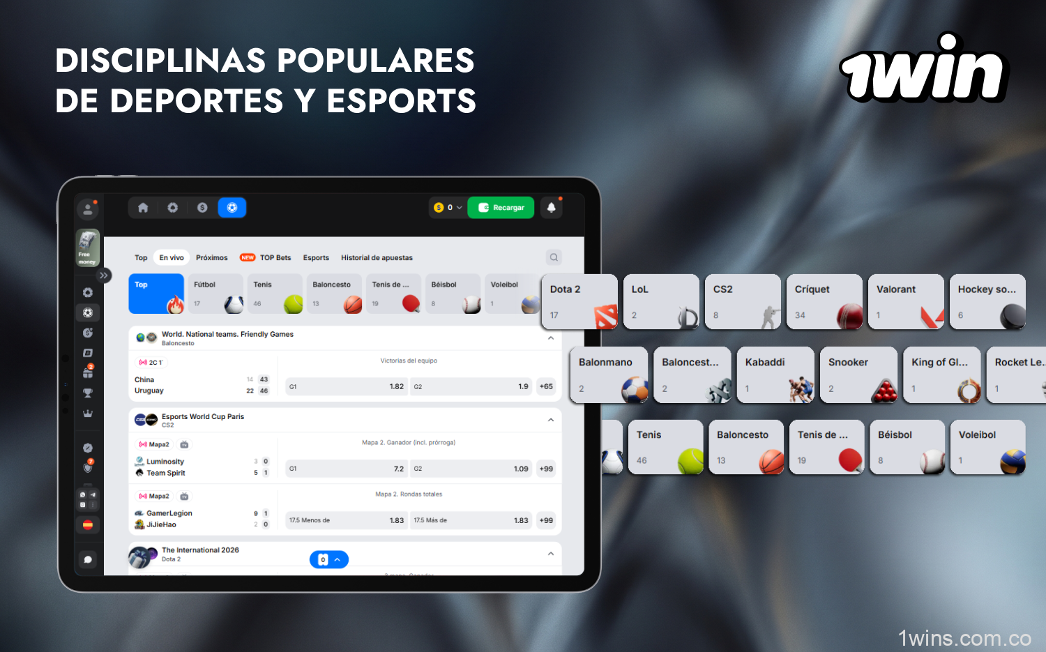 Entre otras, 1win cuenta con una serie de disciplinas deportivas populares en las que los usuarios colombianos apuestan con más frecuencia