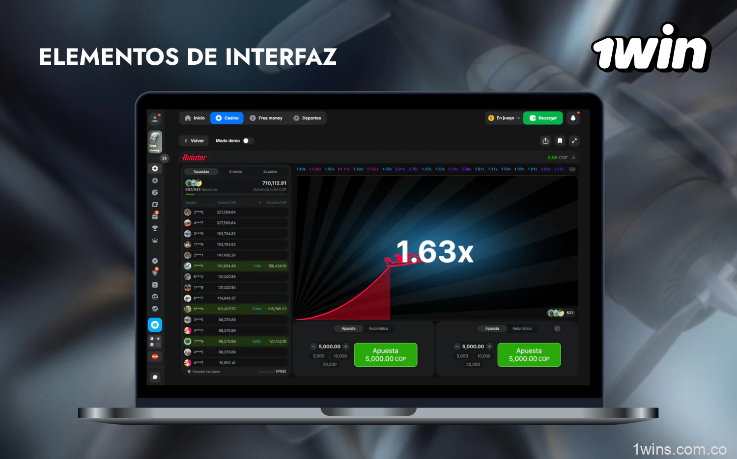 La interfaz de Aviator en 1win es sencilla e intuitiva, incluso para principiantes