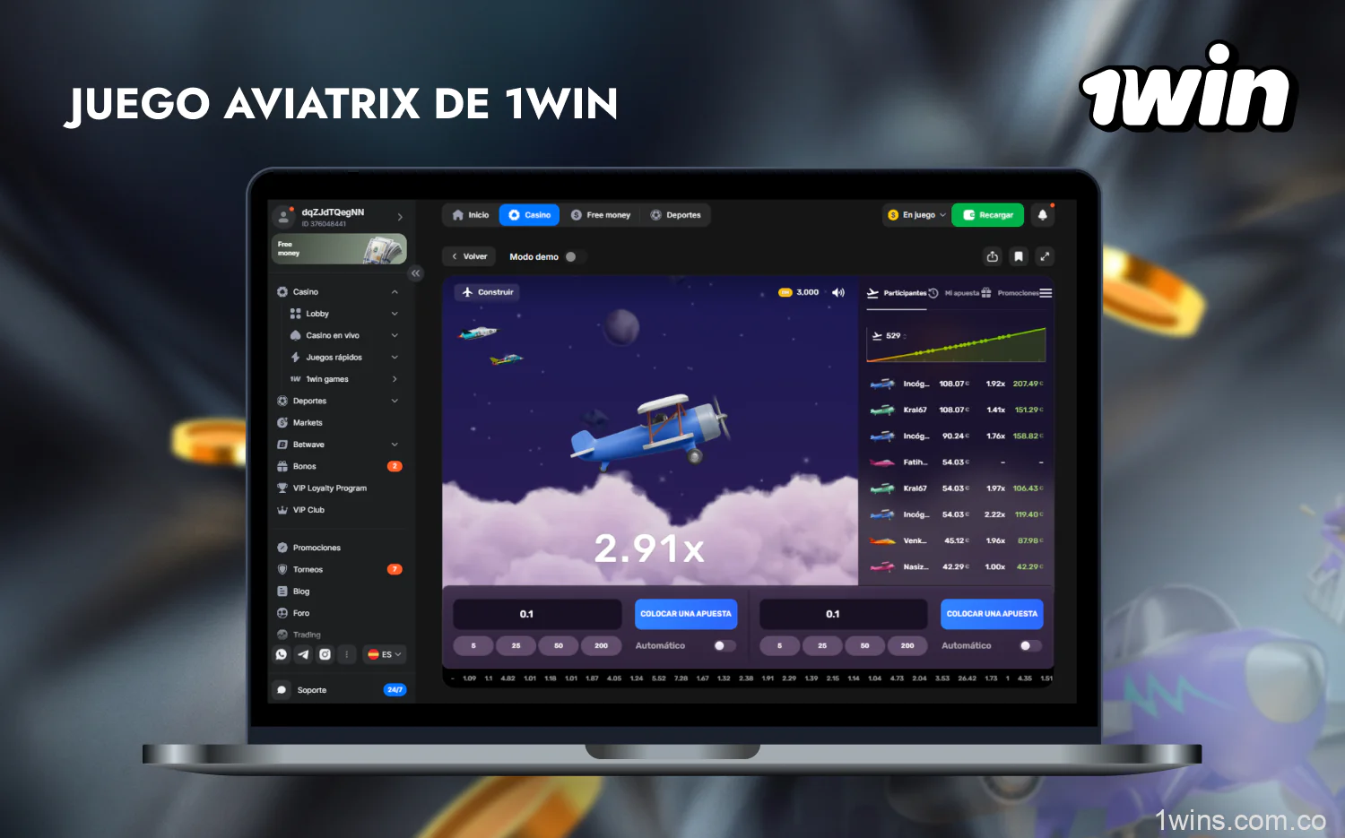 El popular juego Aviatrix está disponible para todos los usuarios registrados de 1win casino de Colombia