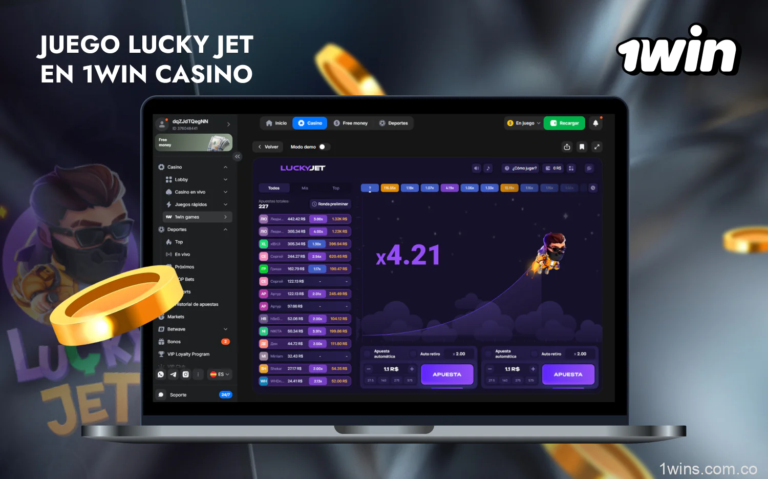 Lucky Jet, un emocionante juego con ganancias instantáneas, está disponible para todos los usuarios de 1win de Colombia