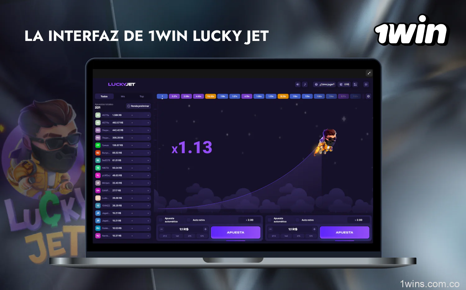 Los sencillos elementos de la interfaz de Lucky Jet en 1win te permiten interactuar con el juego