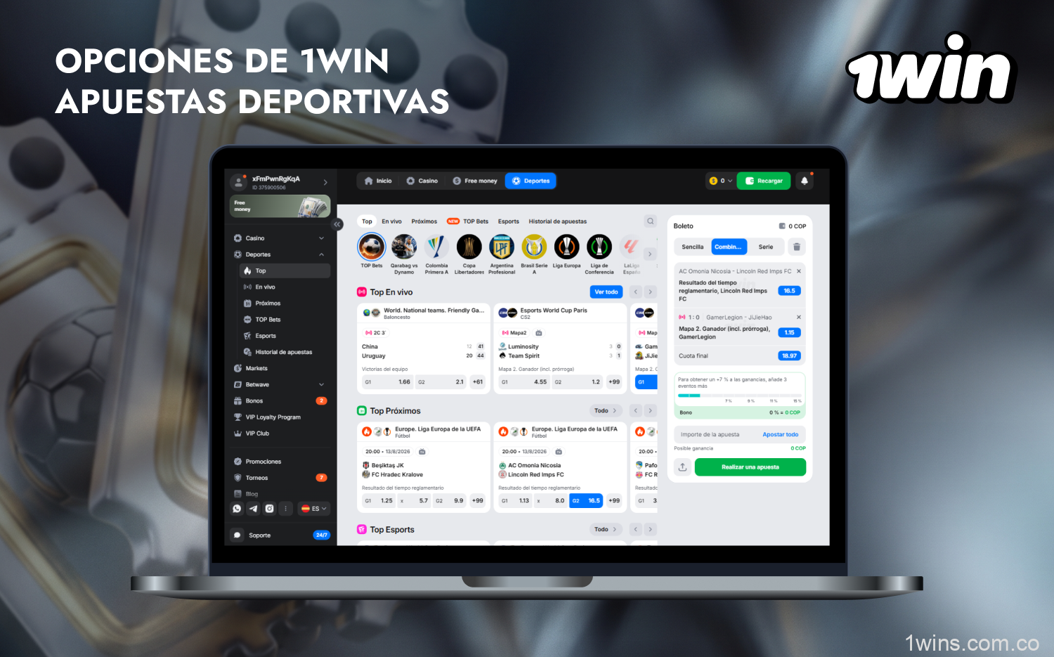 En 1win, los usuarios colombianos pueden apostar en decenas de deportes, incluidos los ciberdeportes