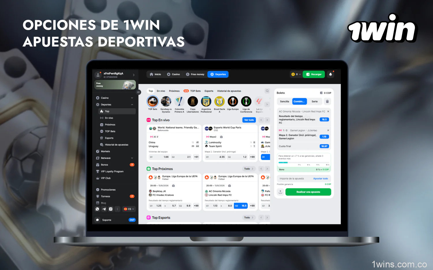 En 1win, los usuarios colombianos pueden apostar en decenas de deportes, incluidos los ciberdeportes