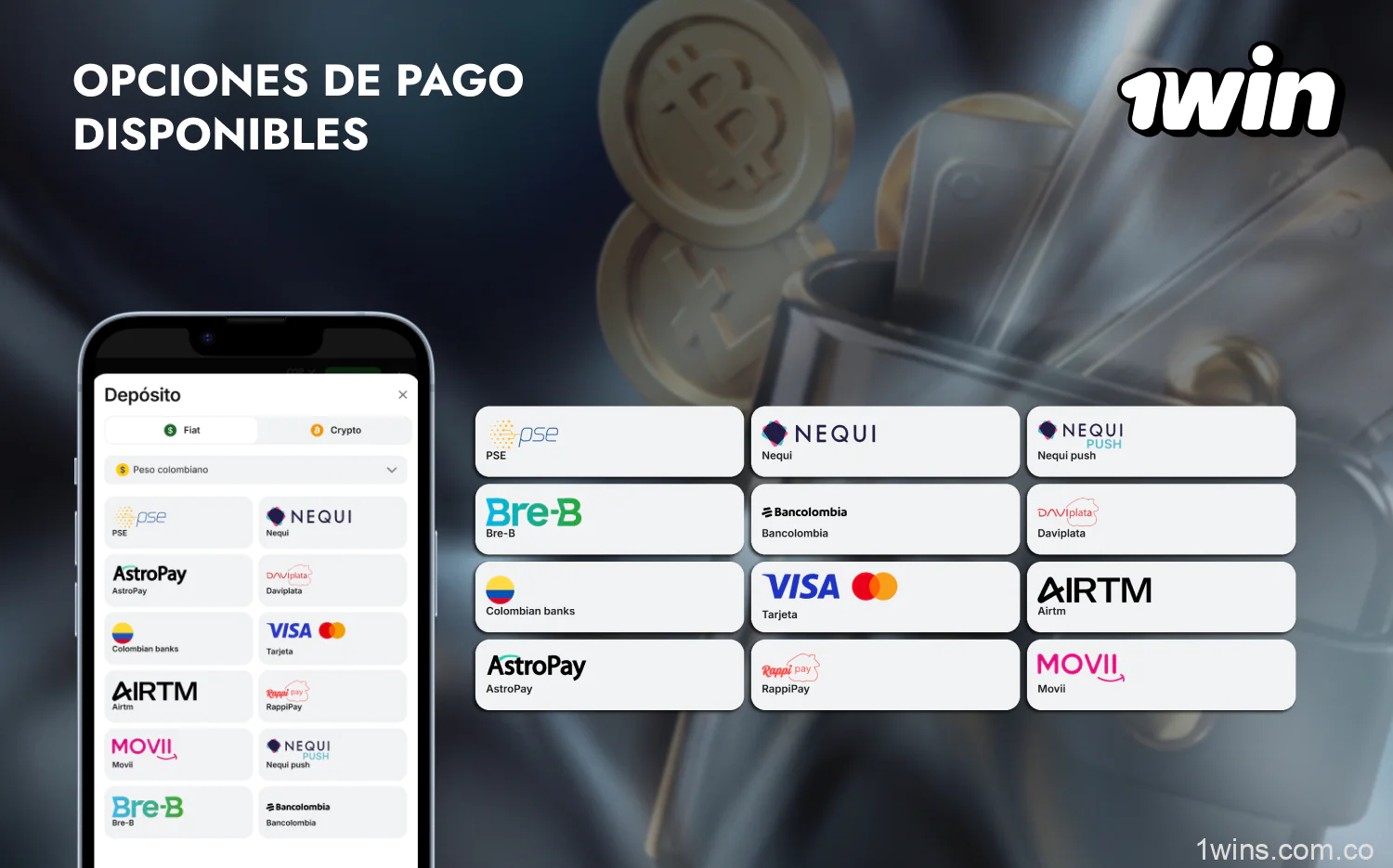 Puede recargar su cuenta 1win desde Colombia utilizando uno de los siguientes métodos de pago