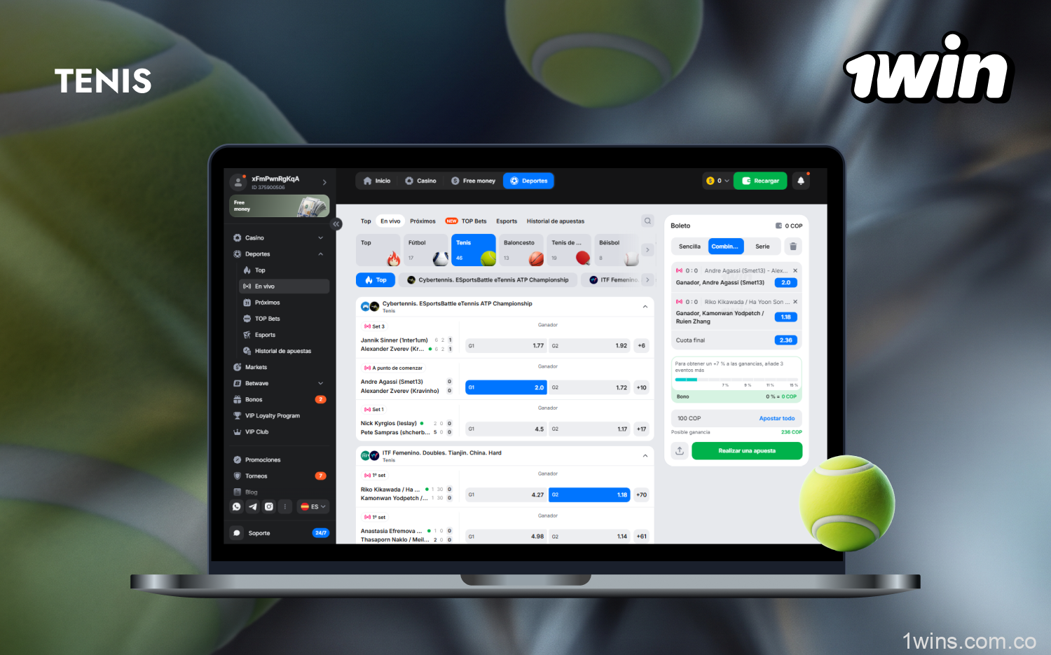 1win Colombia tiene una amplia oferta en apuestas de tenis
