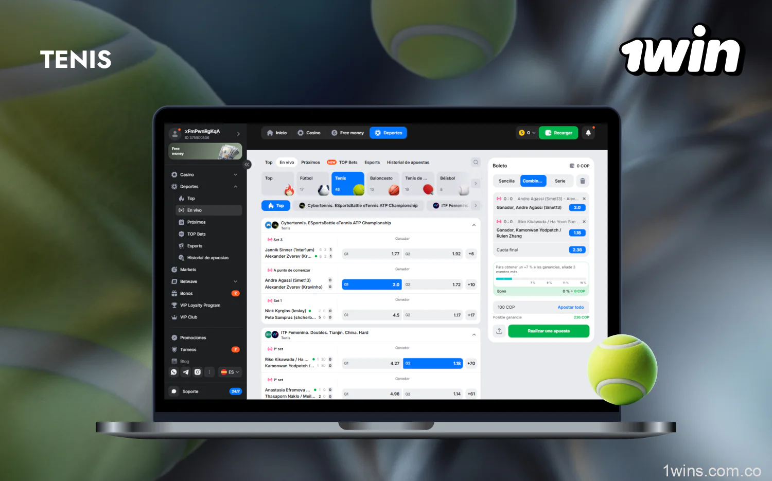 1win Colombia tiene una amplia oferta en apuestas de tenis